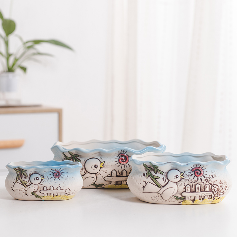 简约卡通可爱多植物长方形粗陶