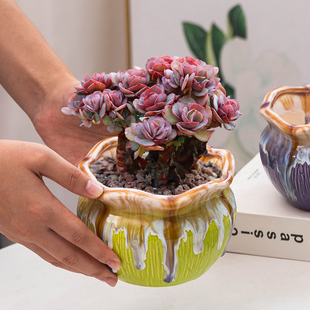 窑变流釉法师多肉专用花盆创意多肉植物复古开裂花边工艺室内阳台