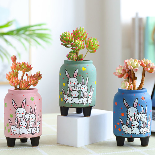 可爱多肉花盆卡通粗陶兔子动物盆