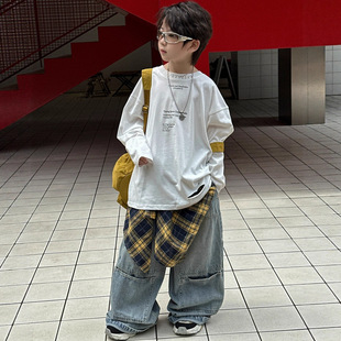 潮 貌貌妈家2025秋季 新款 男童领口印字破洞长袖 T恤儿童宽松打底衫
