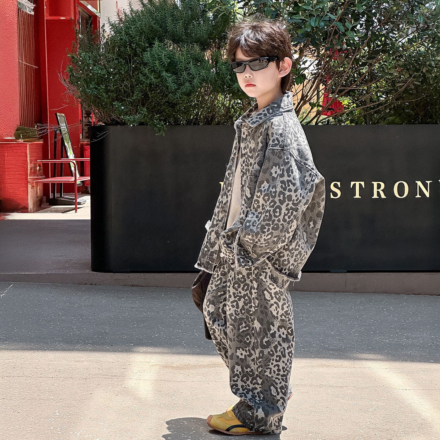 貌貌妈家男童秋季套装2025新款儿童韩版豹纹休闲童装牛仔2件套潮