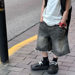 貌貌妈家2024夏季新款韩版男女童百搭扎染牛仔中裤儿童毛边短裤潮