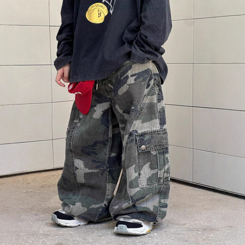 男童裤子重工洗褪做旧迷彩弯刀裤