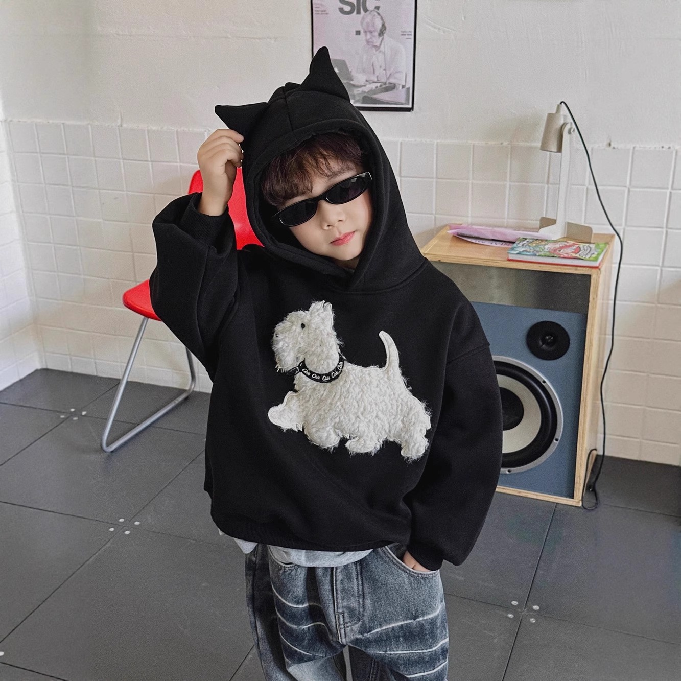 男童绣花加绒连帽恶魔卫衣帽衫潮