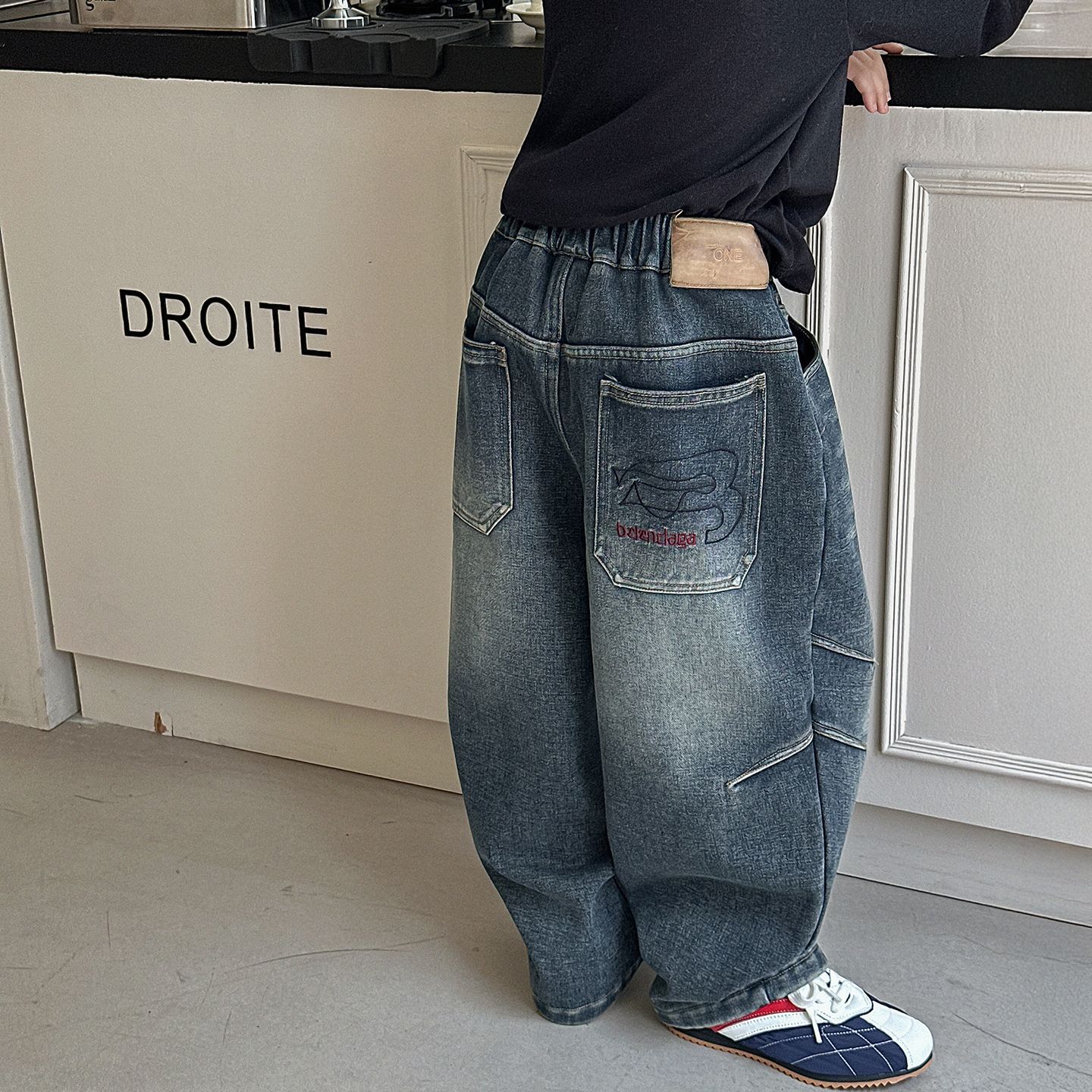 男童复古磨洗加绒牛仔裤加厚长裤