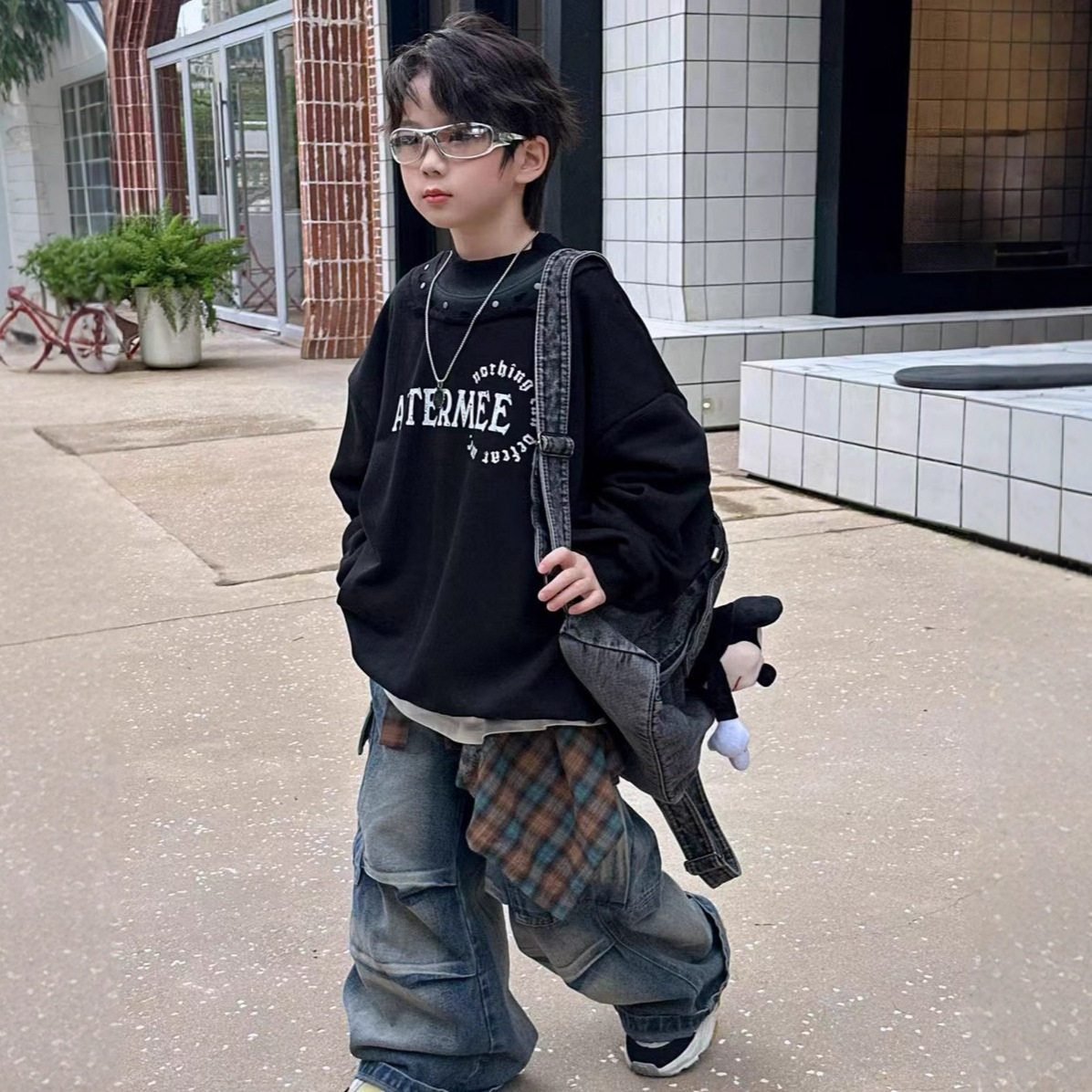 貌貌妈家2025新款男童长袖T恤宽松美式上衣儿童男孩纯棉卫衣童装