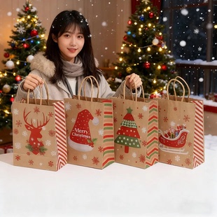 圣诞礼品袋套装 袋大号圣饰品 糖果零食送礼袋高颜值牛皮纸手提包装