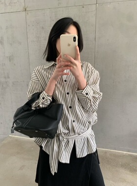 OF2026春新款韩国条纹腰带衬衫女时尚百搭翻领减龄上衣女yy26073
