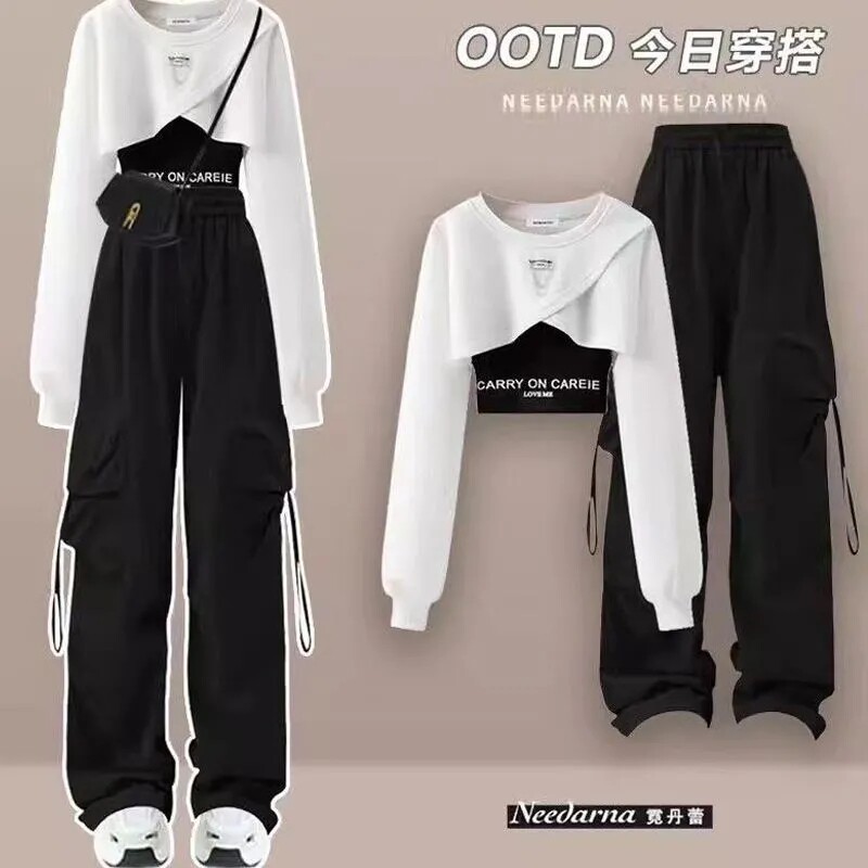 봄과 가을 작업복 스타일 정장 여성 한국 스타일 느슨한 디자인 운동복 + 멜빵 + 작업복 넓은 다리 바지 3 피스 트렌디 세트