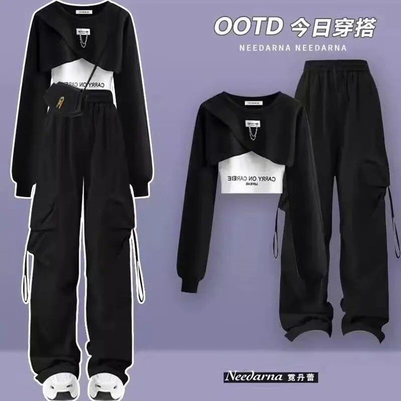 봄과 가을 작업복 스타일 정장 여성 한국 스타일 느슨한 디자인 운동복 + 멜빵 + 작업복 넓은 다리 바지 3 피스 트렌디 세트