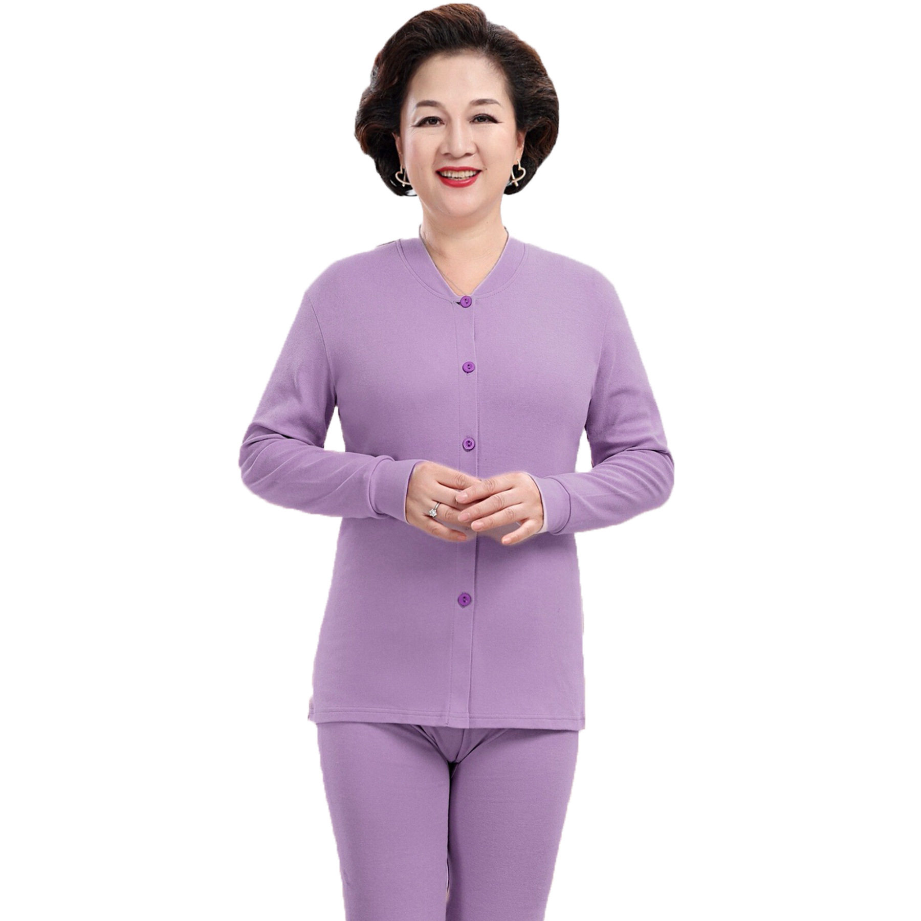 老人纯棉立领开衫妈妈秋衣秋裤套装女中老年人薄款打底棉毛衫开襟