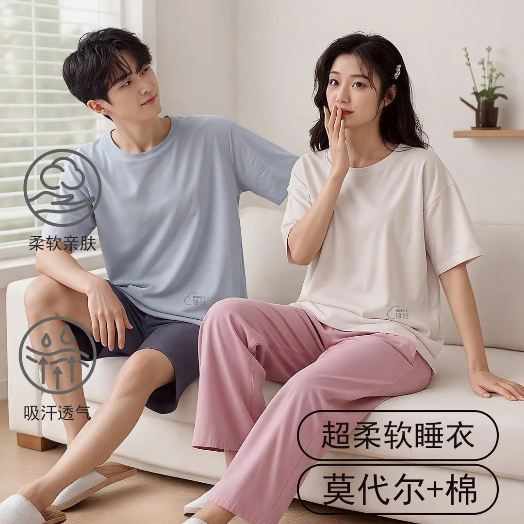 再生纤维素纤维睡衣女夏家居服套装可外穿柔软抑菌感短袖冰感