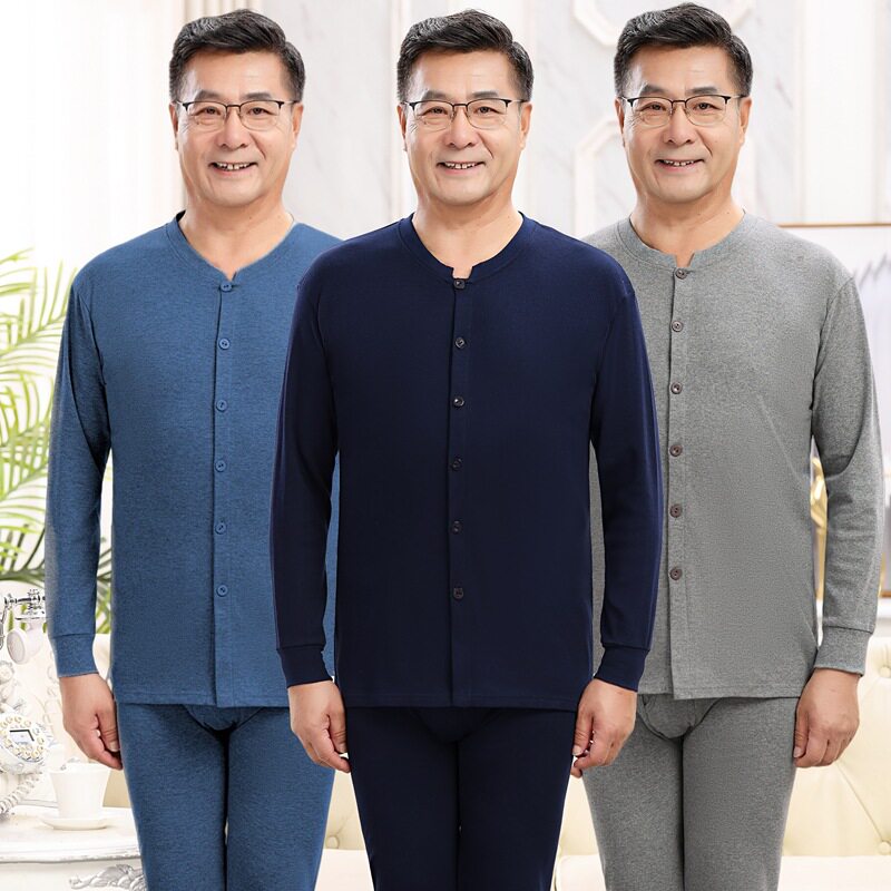 中老年人100%纯棉秋衣秋裤男士开衫爸爸爷爷保暖内衣套装全棉毛衫