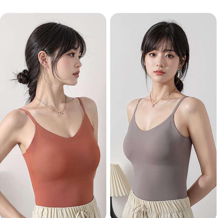 新无痕冰丝吊带背心女带胸垫内搭美背加长打底外穿长款上衣薄款