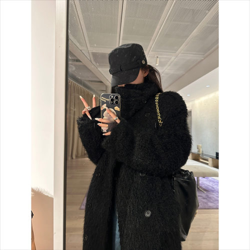 CHIPMUNK 立领毛呢大衣女秋冬加厚高级感黑色宽松慵懒风呢子外套