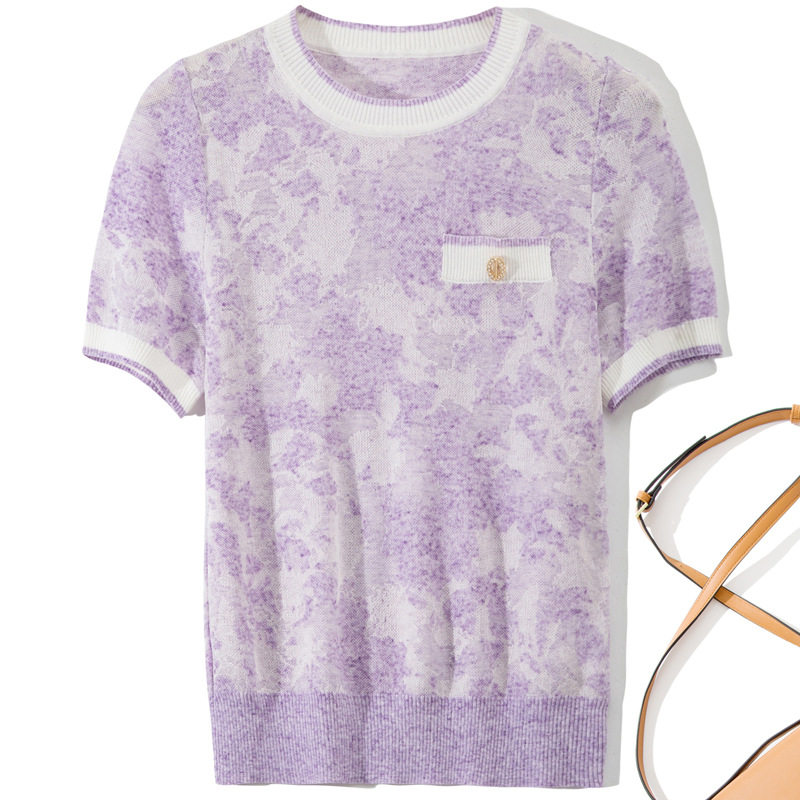 M1267 2024年春夏新款时尚女装撞色圆领短袖针织衫女上衣