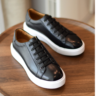 潮流厚底板鞋 真皮休闲运动鞋 英伦复古手工小黑鞋 男黑色 靓仔出街