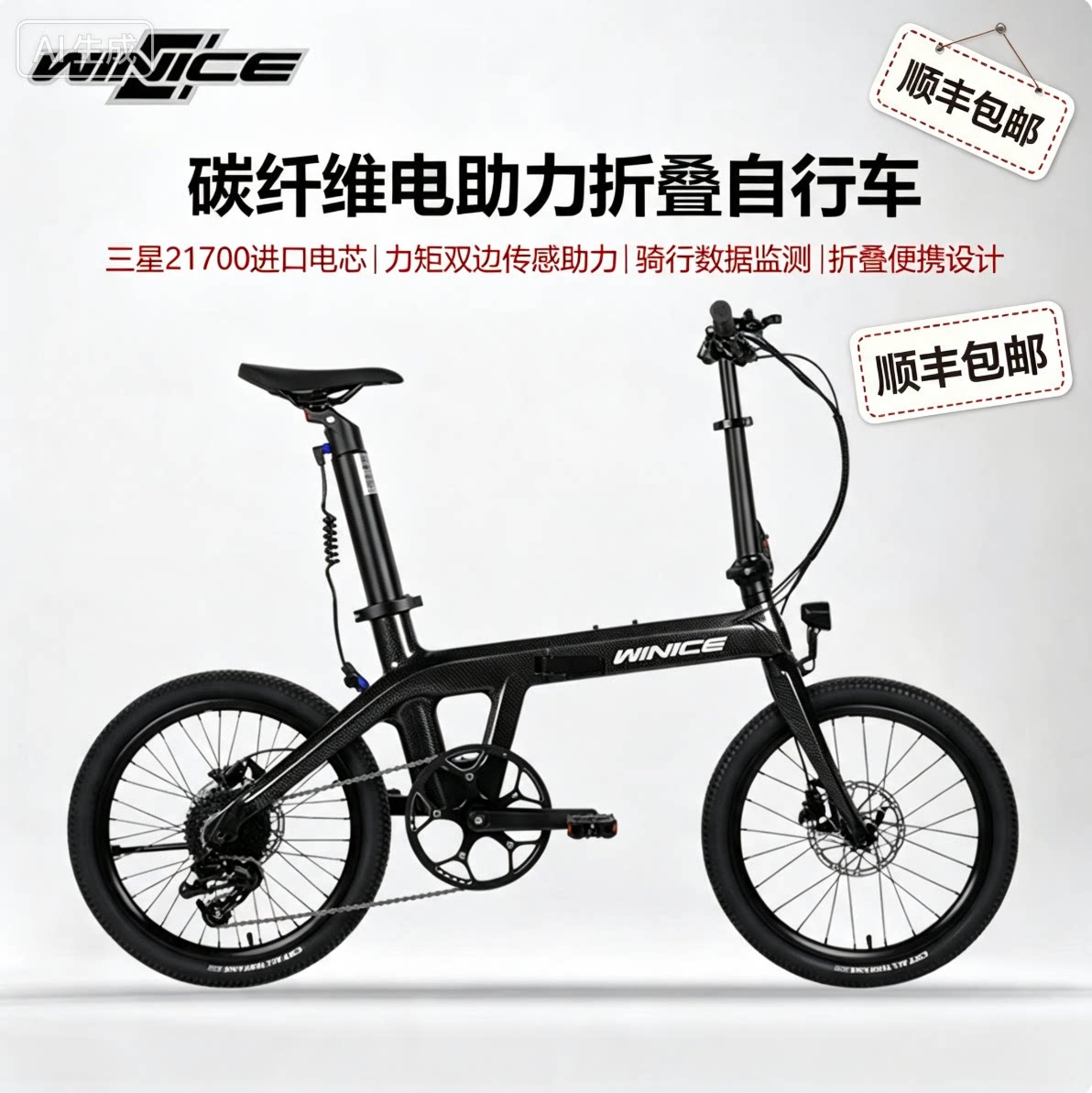 WINICE碳纤维电助力折叠自行车力矩型20寸锂电池油碟成人超轻14.7