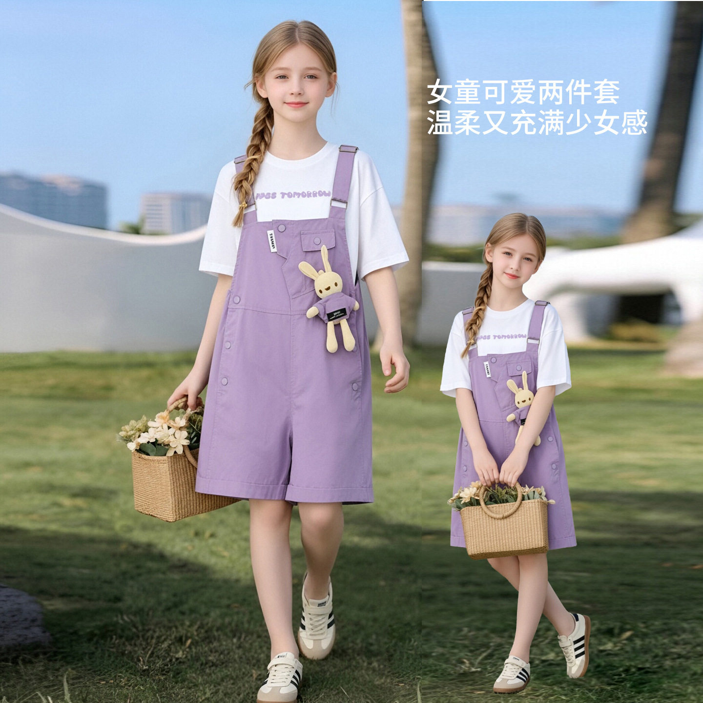 女童背带裤套装夏季新款2026洋气儿童小兔子休闲短裤T恤两件套薄