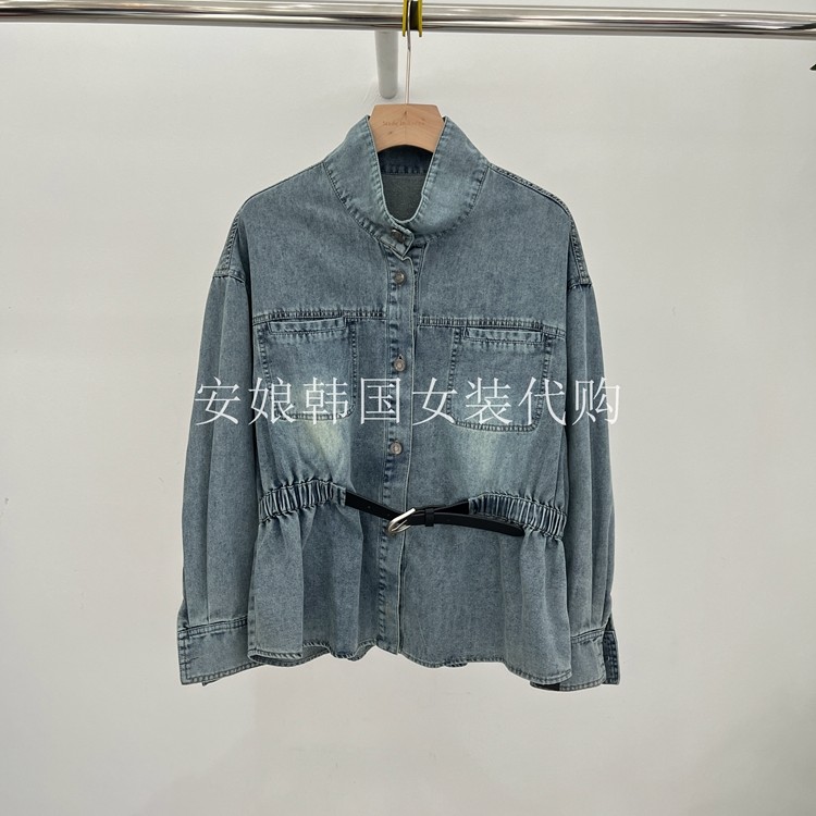 时尚立领磨白单排扣牛仔衬衫