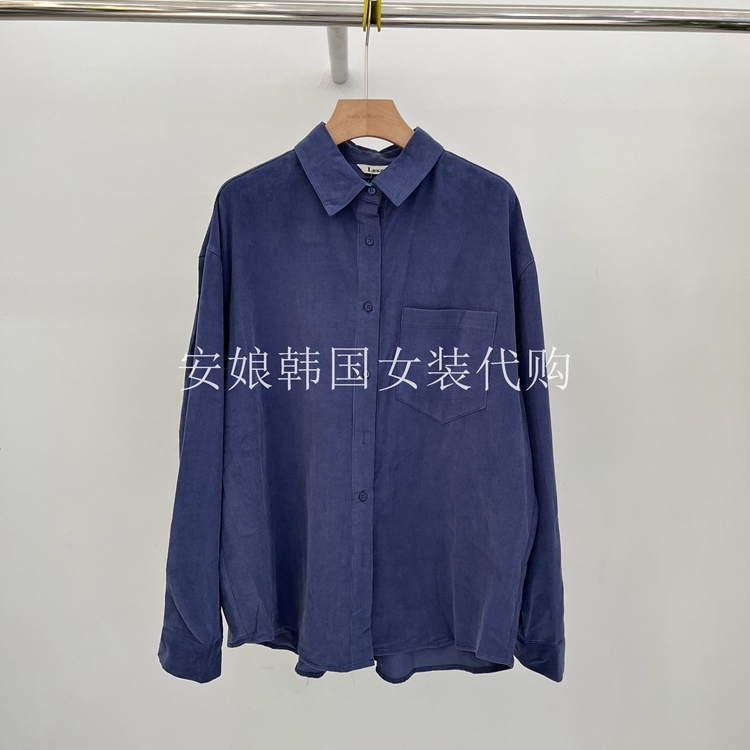 安娘韩国代购Lake进口女装2025秋新时尚翻领净色长袖口袋条绒衬衫