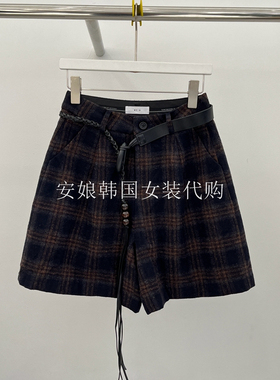 安娘韩国代购女装2025秋季新百搭格子撞色腰带毛呢休闲短裤89375