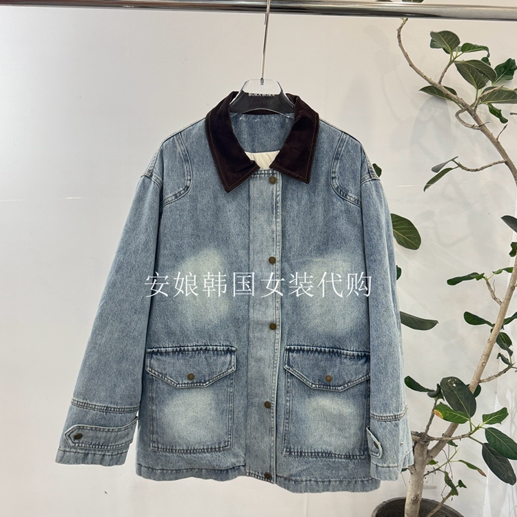 安娘韩国东大门女装代购2025冬季新款翻领单排扣磨白口袋牛仔外套