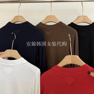25冬百搭圆领后三角标净色打底长袖 女装 T恤 安娘韩国代购 现货特价