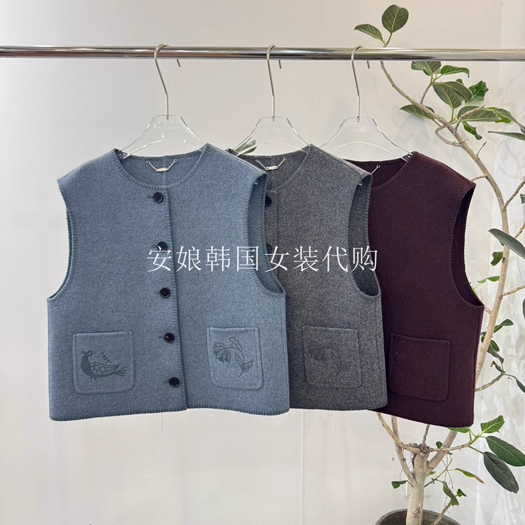安娘韩国女装PH23代购2025冬圆领单排扣口袋刺绣双面羊毛马甲1686