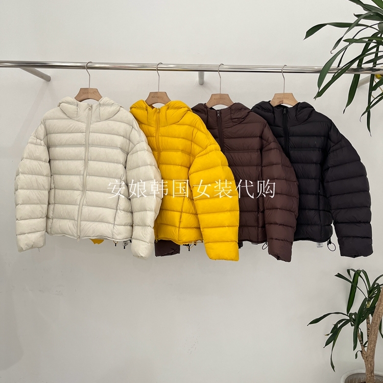 连帽净色压格白鸭绒长袖羽绒服