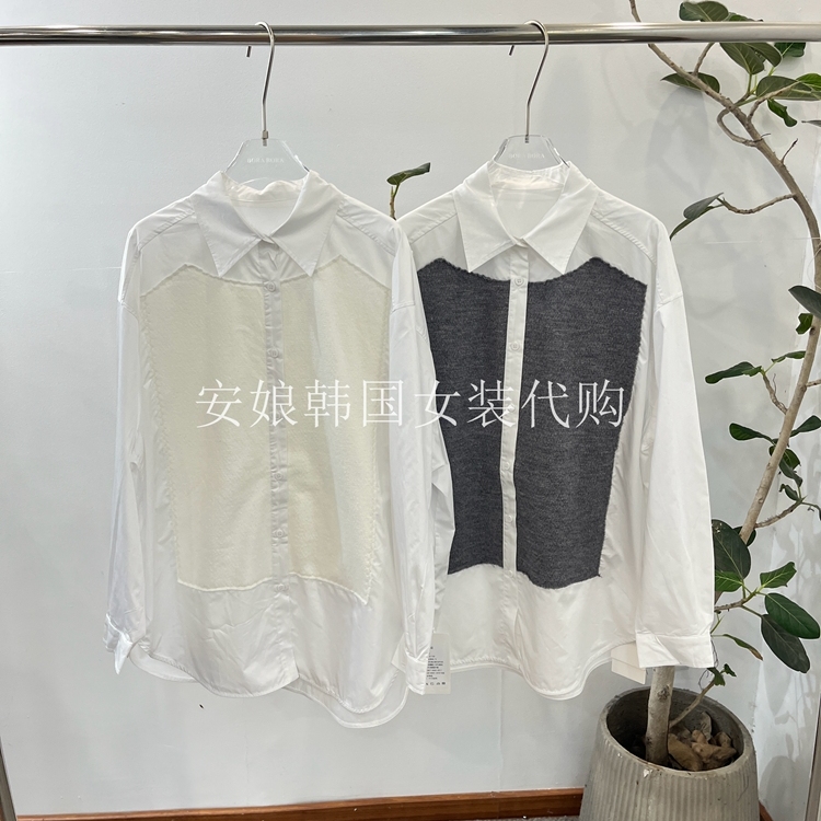 时尚翻领系扣拼接针织长袖衬衫