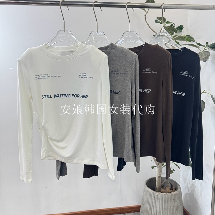 时尚圆领字母垫肩长袖宽松T恤