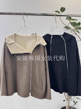 安娘韩国代购东大门女装2025冬季连帽拉链长袖双面羊毛外套25727