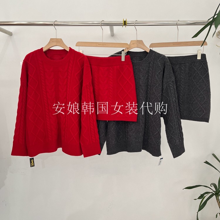 安娘韩国代购东大门女装2025冬新圆领麻花纹长袖套头毛衣短裙套装