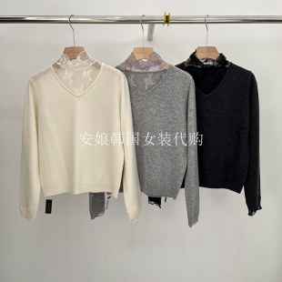 高领蕾丝拼接宽松净色针织衫 安娘韩国代购 新款 2025年冬季 进口女装