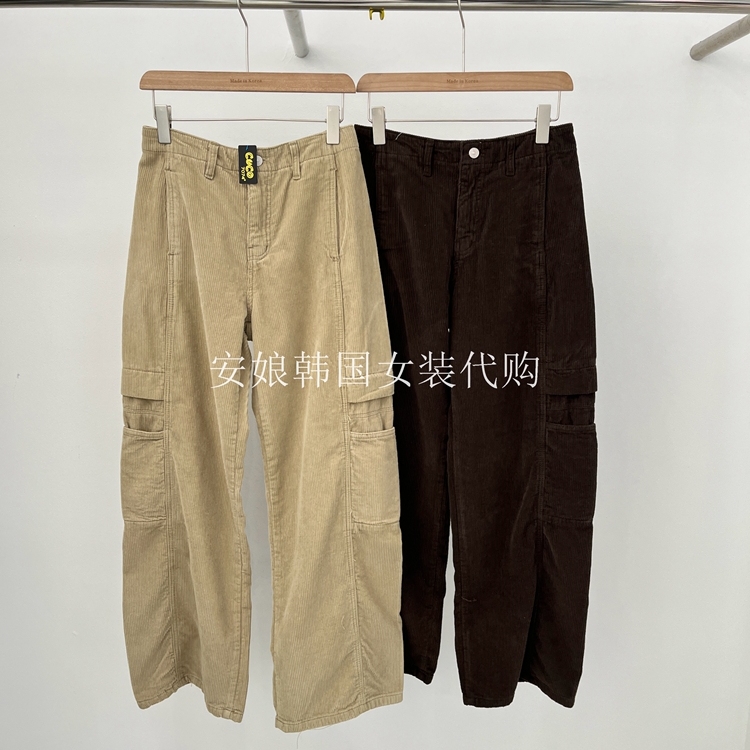安娘韩国进口女装代购2025冬季新款时尚直筒灯芯绒口袋工装休闲裤