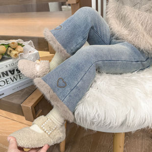 子小女孩洋气喇叭裤 女童加绒牛仔裤 儿童宝宝加厚一体绒裤 新款 冬季