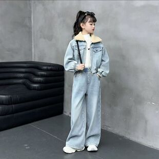 女童加绒秋冬套装新款女孩洋气加厚牛仔外套中大童直筒裤子两件套