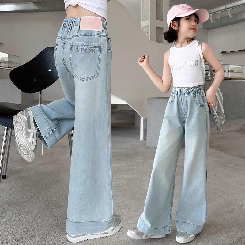 女童牛仔阔腿裤窄版春秋中大童初中女生宽松浅色直筒秋季儿童裤子