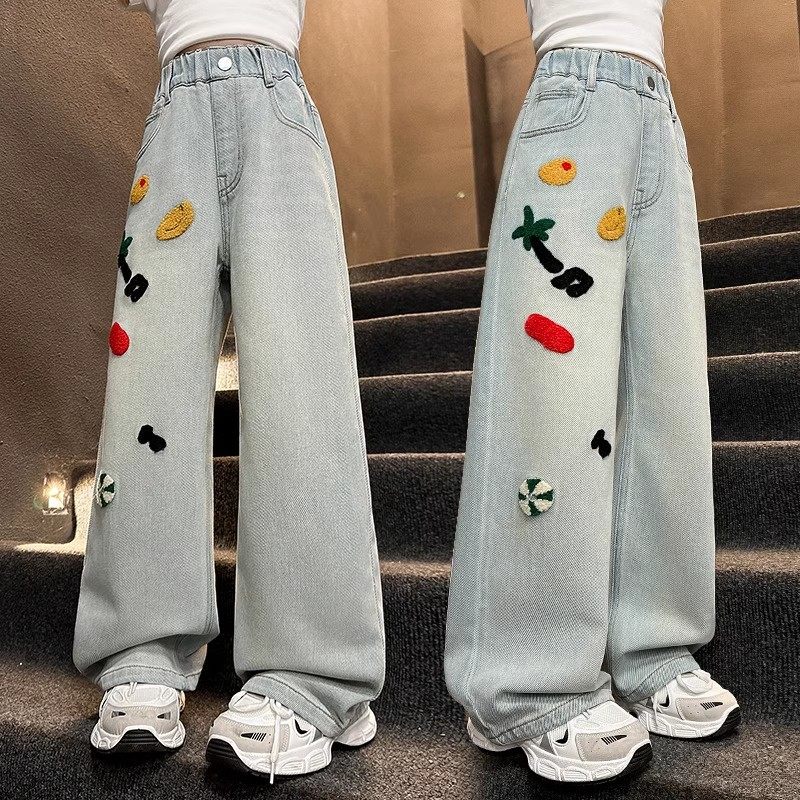 女童牛仔裤春秋2025新款儿童春季直筒裤大童女孩绣花微喇阔腿裤潮,童装/婴儿装/亲子装,儿童牛仔裤,淘宝优惠券,粉丝福利购,淘宝优惠卷