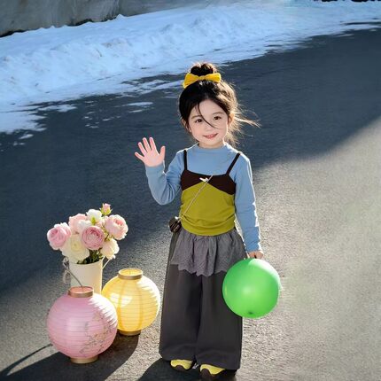 女童套装2026早春新款儿童韩系复古撞色吊带背心阔腿裤叠穿三件套