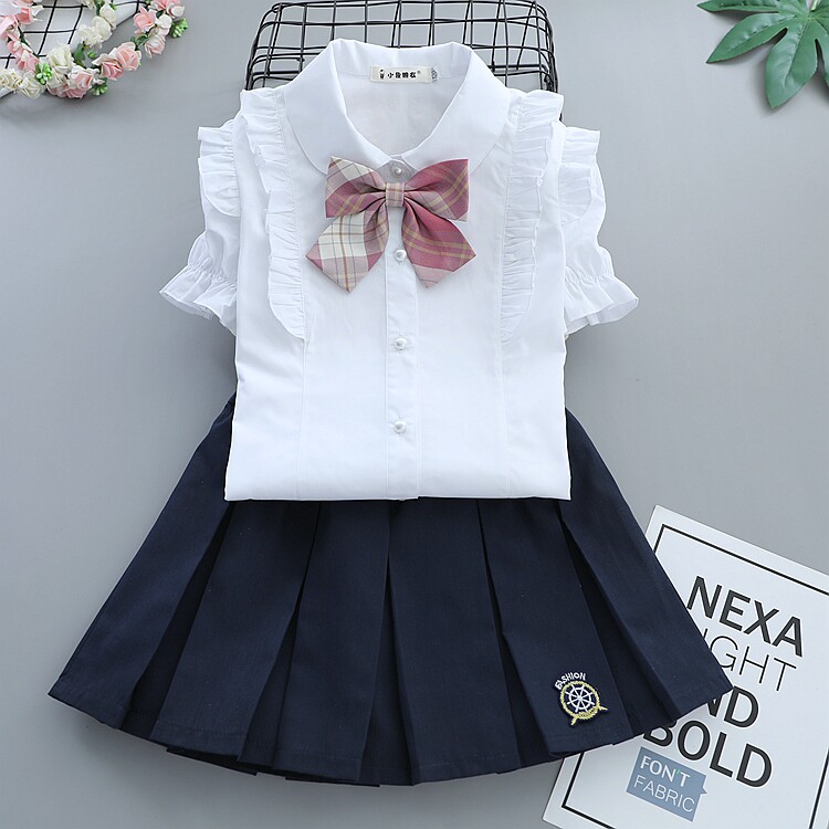 女童纯棉短袖白色衬衫小女孩中大儿童百褶半身裙学生夏季校服套装
