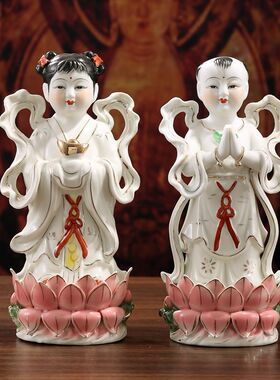 陶瓷金童玉女玉女神像观音摆件