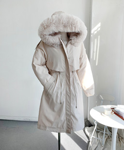 B家 冬季新款连帽毛领可拆卸派克服长款棉服保暖女式棉衣收腰
