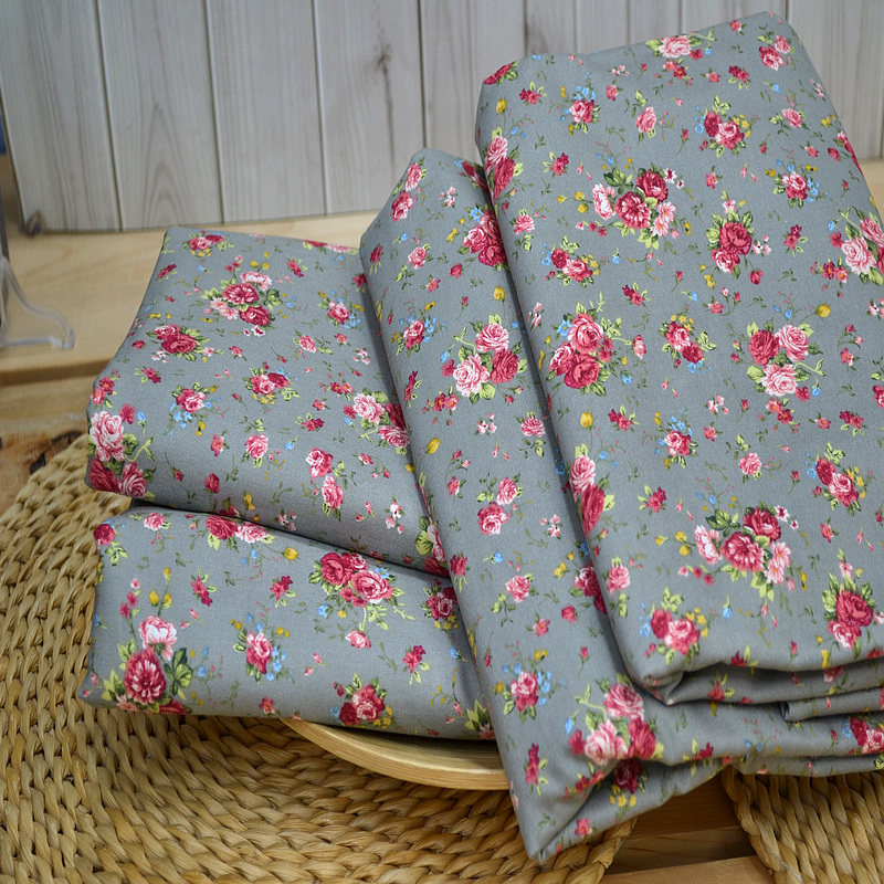 灰底红牡丹全棉小碎花四件套被套床单床笠印花被罩纯棉40支斜纹软