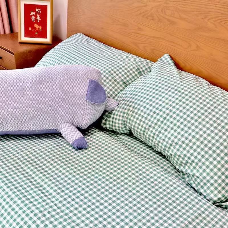 绿色小格全棉小碎花四件套被套床单床笠被罩纯棉40支斜纹柔软亲肤
