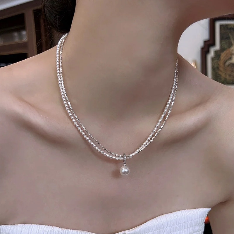 小灯泡万能扣碎银子珍珠项链女款纯银轻奢圆珠水晶双层叠戴锁骨链