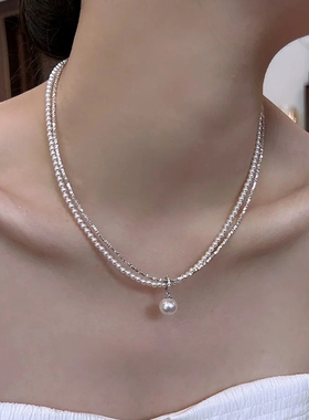 小灯泡万能扣碎银子珍珠项链女款纯银轻奢圆珠水晶双层叠戴锁骨链