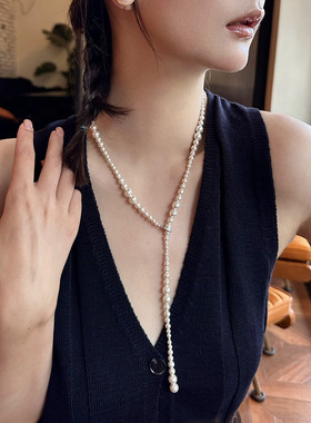 金町倪妮同款长款渐变珍珠项链女款纯银叠戴高级感毛衣链秋冬配饰
