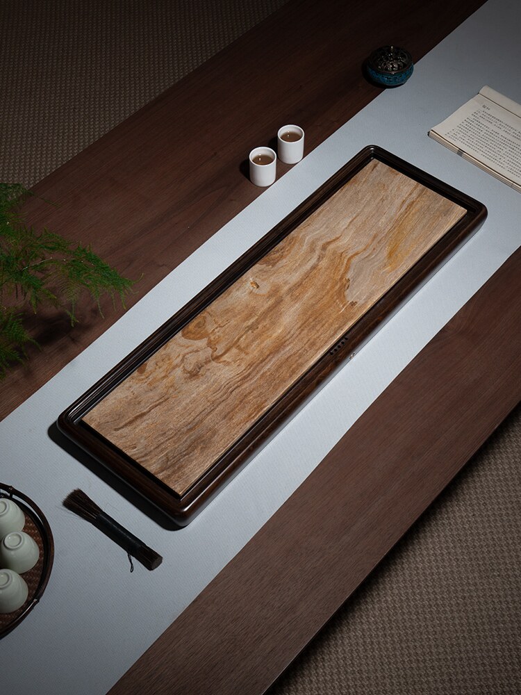 寓石林黑檀木框架木化石茶盘新中式茶桌茶台单层排水式 家用客厅